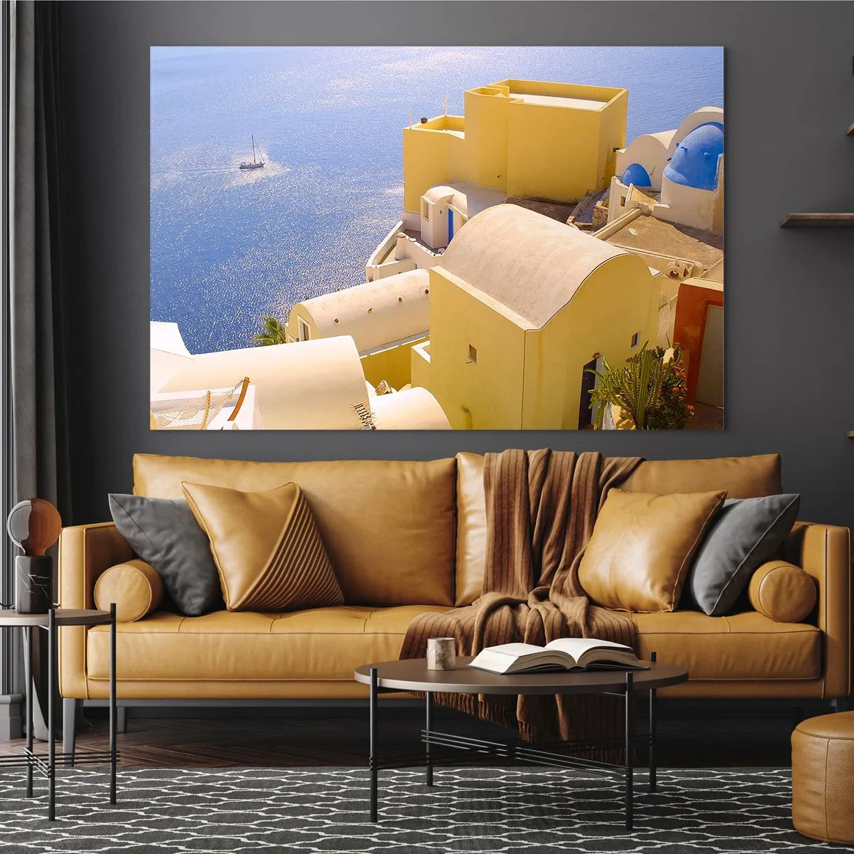 Obraz na skle - Pohled na Santorini s modrým mořem a bílými budovami - 70x50cm - Řecká krajina v bílé a blankytné - Moderní nástěnná dekorace do obývacího pokoje a ložnice ARTTOR