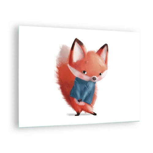 Obraz na skle - Roztomilá liška v modrém svetru na bílém pozadí - 70x50cm - Sluší mi to? - Moderní nástěnná dekorace do obývacího pokoje a ložnice ARTTOR