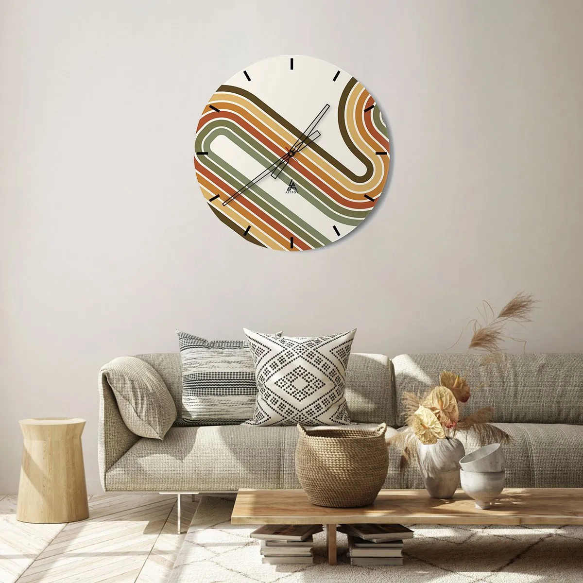 Nástěnné hodiny - Geometrické linie v retro barvách na světlém pozadí - 30x30cm - Kličkování do cíle - Moderní nástěnná dekorace do obývacího pokoje, kuchyně a ložnice ARTTOR