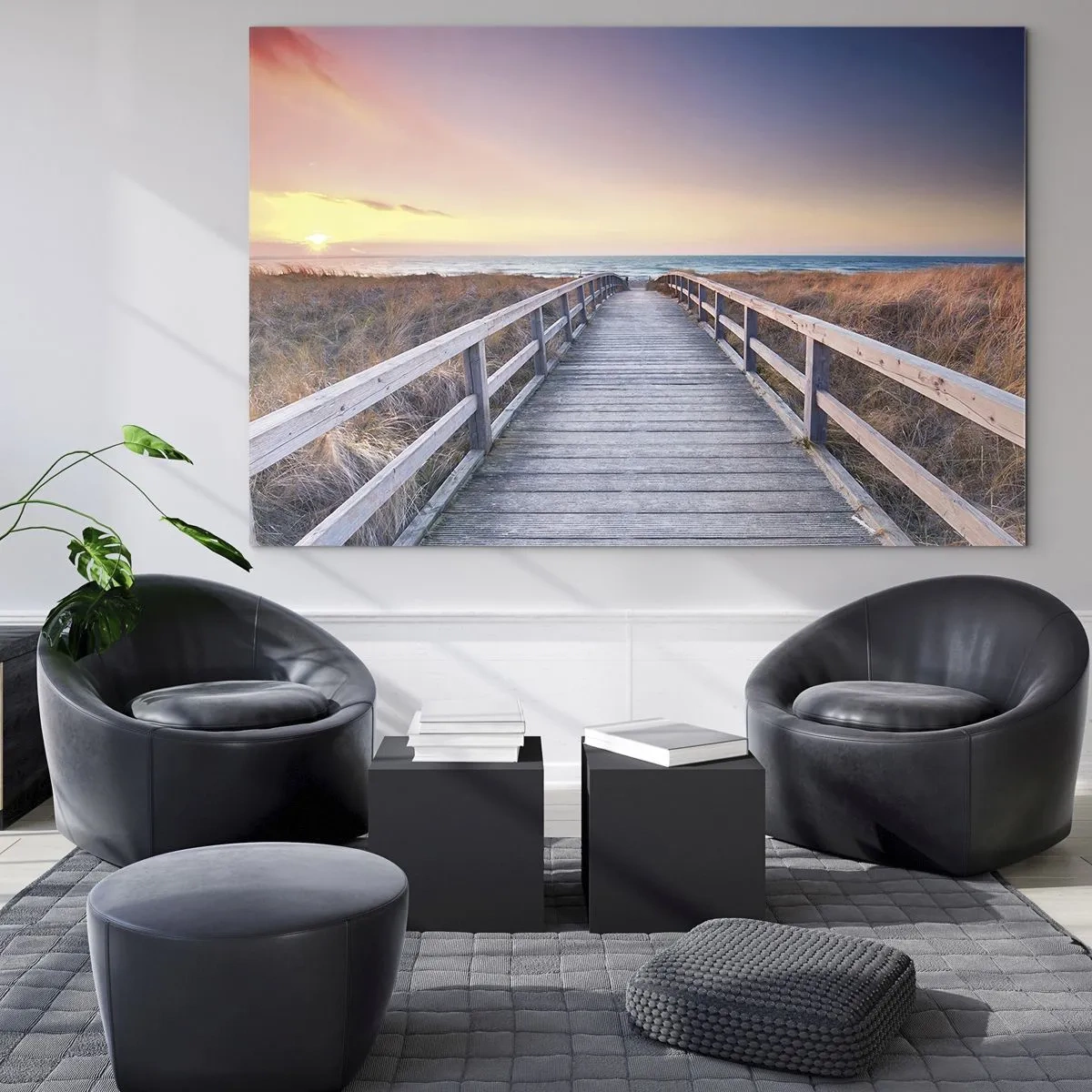Obraz na skle - Dřevěné molo vedoucí na pláž při západu slunce - 70x50cm - Baltská večerní polární záře - Moderní nástěnná dekorace do obývacího pokoje a ložnice ARTTOR