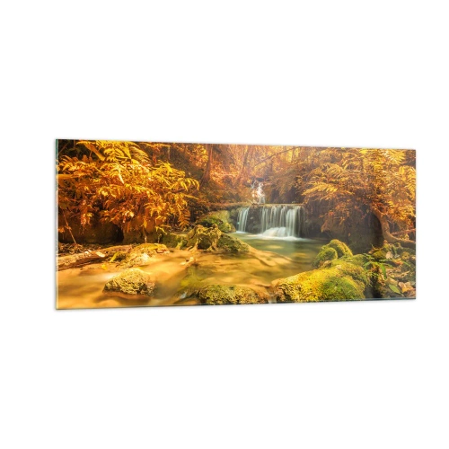 Obraz na skle - Lesní vodopád ve zlaté - 100x40 cm