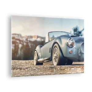 Obraz na skle - Sportovní auto s horami v pozadí - 70x50cm - Protože na stylu záleží - Moderní nástěnná dekorace do obývacího pokoje a ložnice ARTTOR