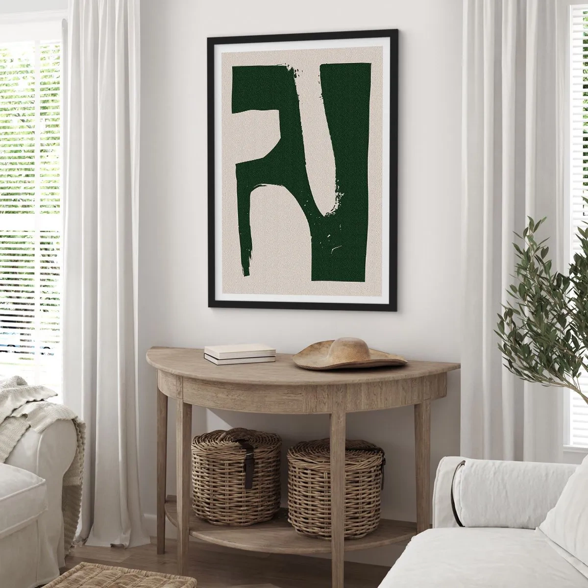 Plakát v černém rámu - Minimalistická abstrakce v zelené a béžové barvě - 50x70cm - Zálivy v bílem - Moderní nástěnná dekorace do obývacího pokoje a ložnice ARTTOR