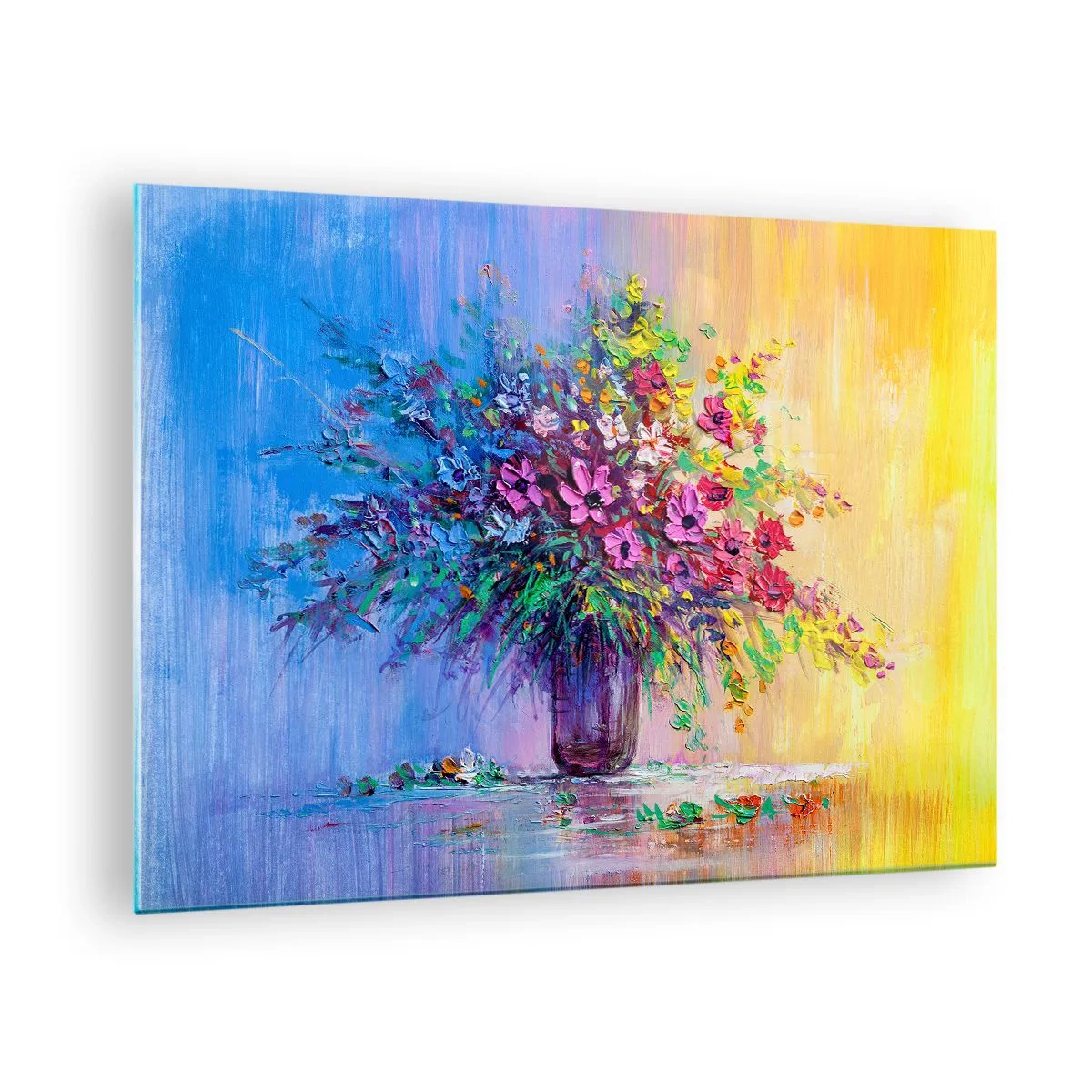 Obraz na skle - Barevná kytice květin ve váze na abstraktním pozadí - 70x50cm - Dar letní louky - Moderní nástěnná dekorace do obývacího pokoje a ložnice ARTTOR