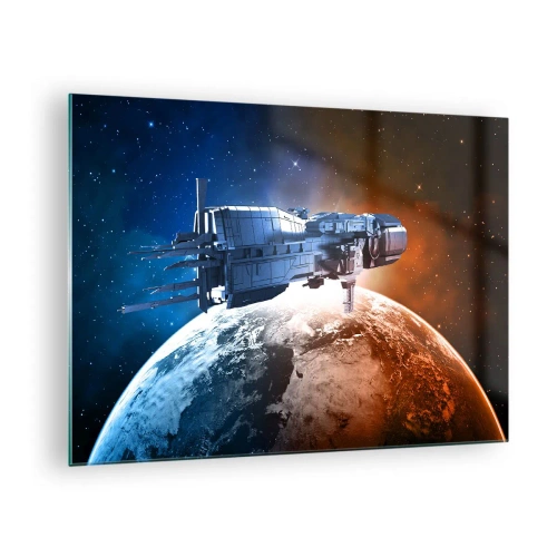 Obraz na skle - Kosmická loď obíhající kolem planety ve světle hvězd - 70x50cm - Pozorný pozorovatel - Moderní nástěnná dekorace do obývacího pokoje a ložnice ARTTOR