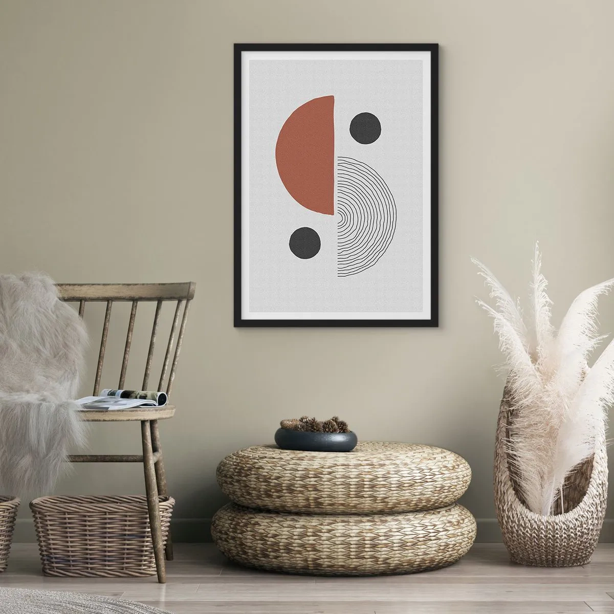 Plakát v černém rámu - Abstraktní geometrická kompozice v teplých barvách - 50x70cm - Dokonalost kruhu - Moderní nástěnná dekorace do obývacího pokoje a ložnice ARTTOR