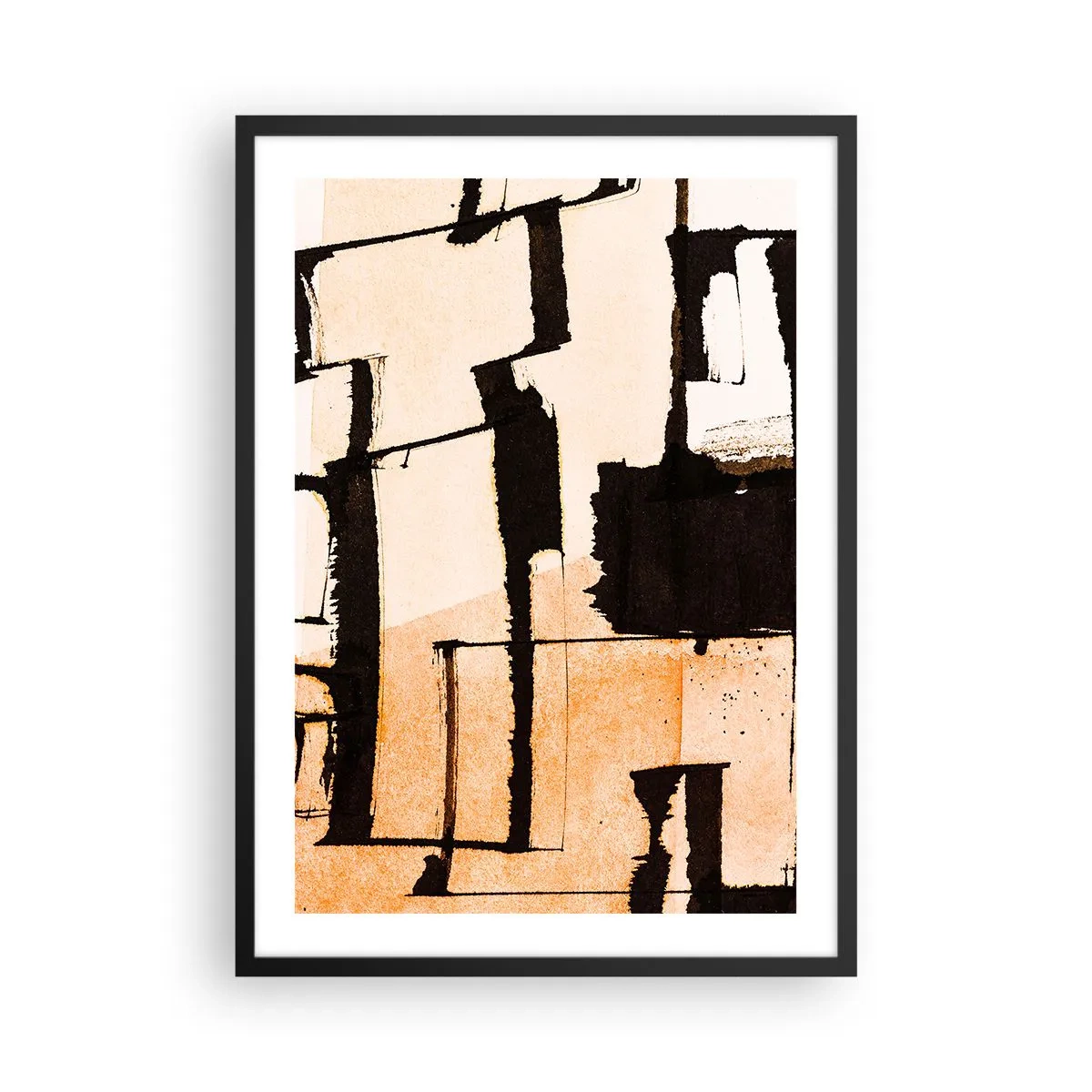 Plakát v černém rámu - Abstraktní kompozice geometrických tvarů v odstínech béžové a černé. - 50x70cm - Avšak pořádek - Moderní nástěnná dekorace do obývacího pokoje a ložnice ARTTOR