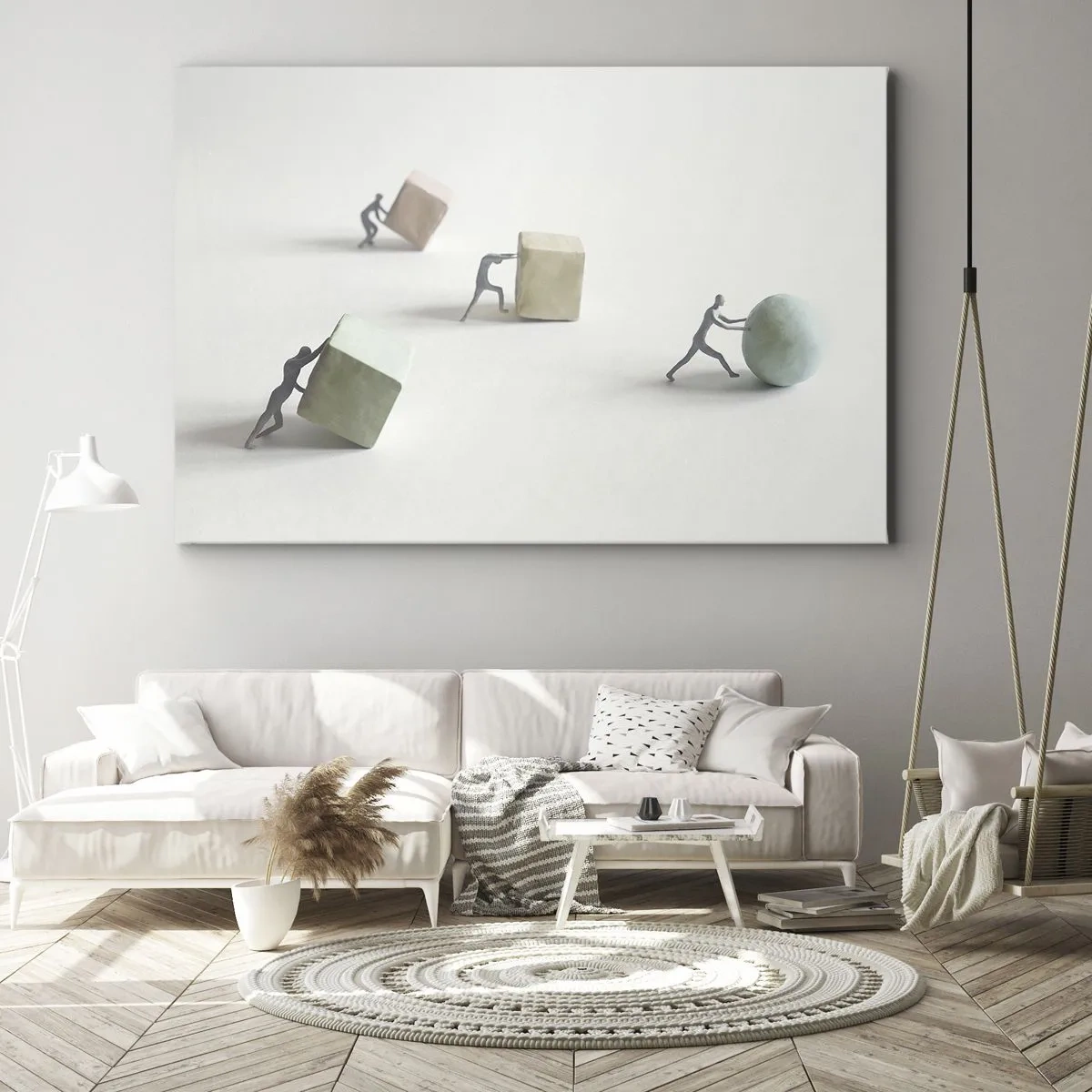 Obraz na plátně - Miniaturní figurky tlačící tvary na světlém pozadí - 70x50cm - Život samotný - Moderní nástěnná dekorace do obývacího pokoje a ložnice ARTTOR