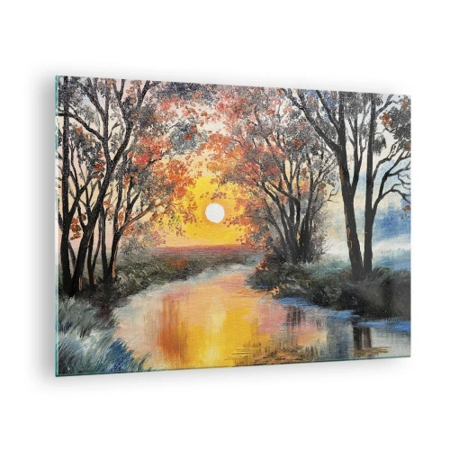 Obraz na skle - Západ slunce nad řekou mezi stromy - 70x50cm - Podzimní nádech - Moderní nástěnná dekorace do obývacího pokoje a ložnice ARTTOR