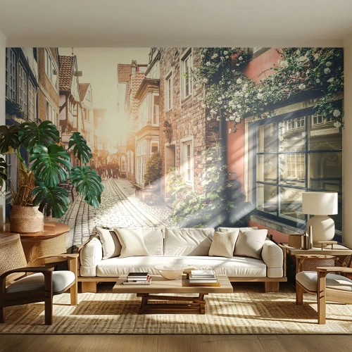 Fototapeta Standard Eco - Historická ulice v záři zapadajícího slunce - 100x70cm - Růžová ulička v růžové září - Moderní nástěnná dekorace do obývacího pokoje a ložnice ARTTOR