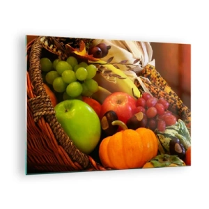 Obraz na skle - Košík plný ovoce a zeleniny v podzimním aranžmá - 70x50cm - Košík úrody - Moderní nástěnná dekorace do obývacího pokoje a ložnice ARTTOR