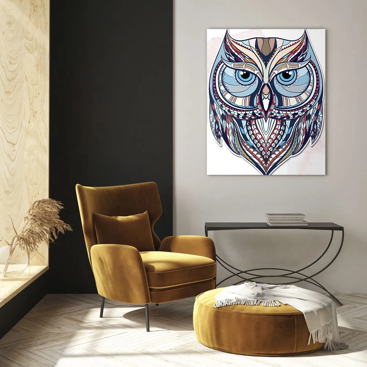 Obraz na skle - Umělecká ozdobná sova - 50x70 cm