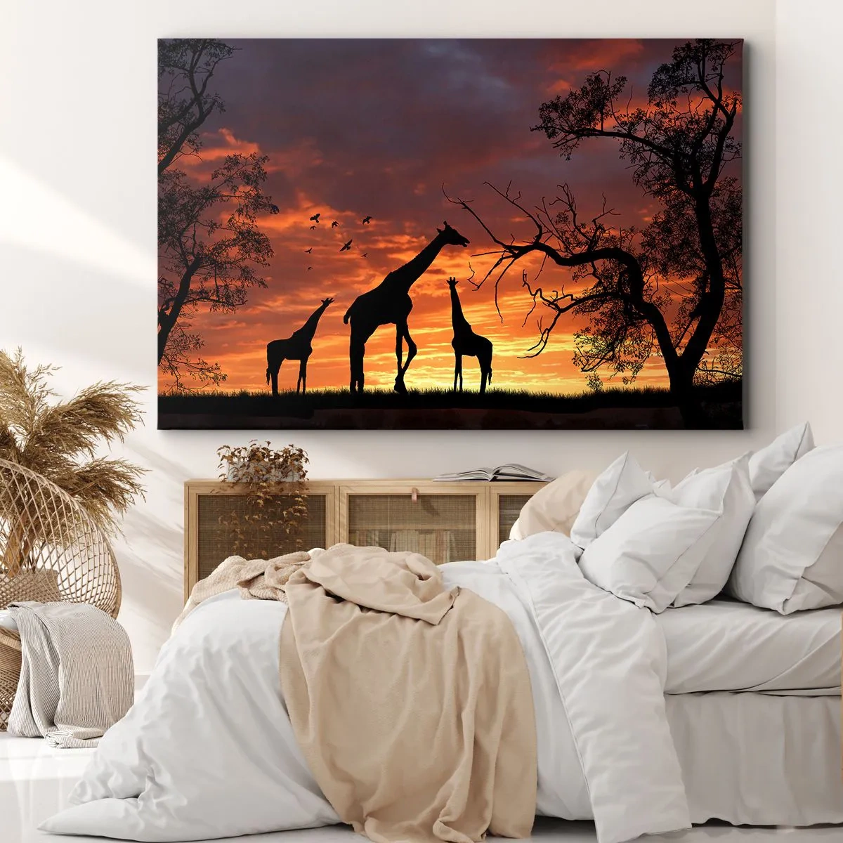 Obraz na plátně - Siluety žiraf na pozadí afrického západu slunce - 70x50cm - Malá večeře v kruhu nejbližších - Moderní nástěnná dekorace do obývacího pokoje a ložnice ARTTOR