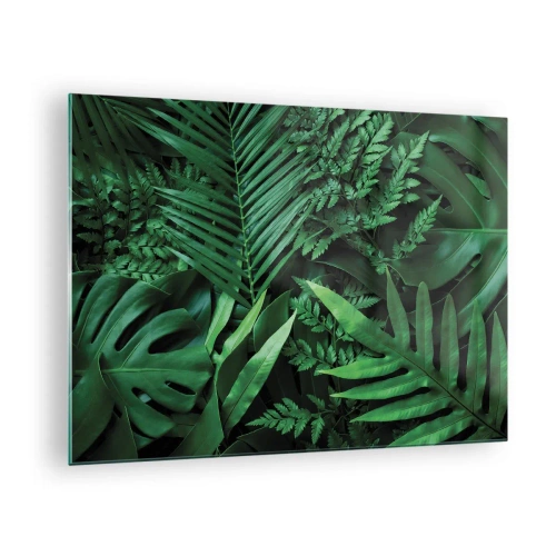 Obraz na skle - Husté zelené listy tropických rostlin ve složení - 70x50cm - Objaté v zeleni - Moderní nástěnná dekorace do obývacího pokoje a ložnice ARTTOR