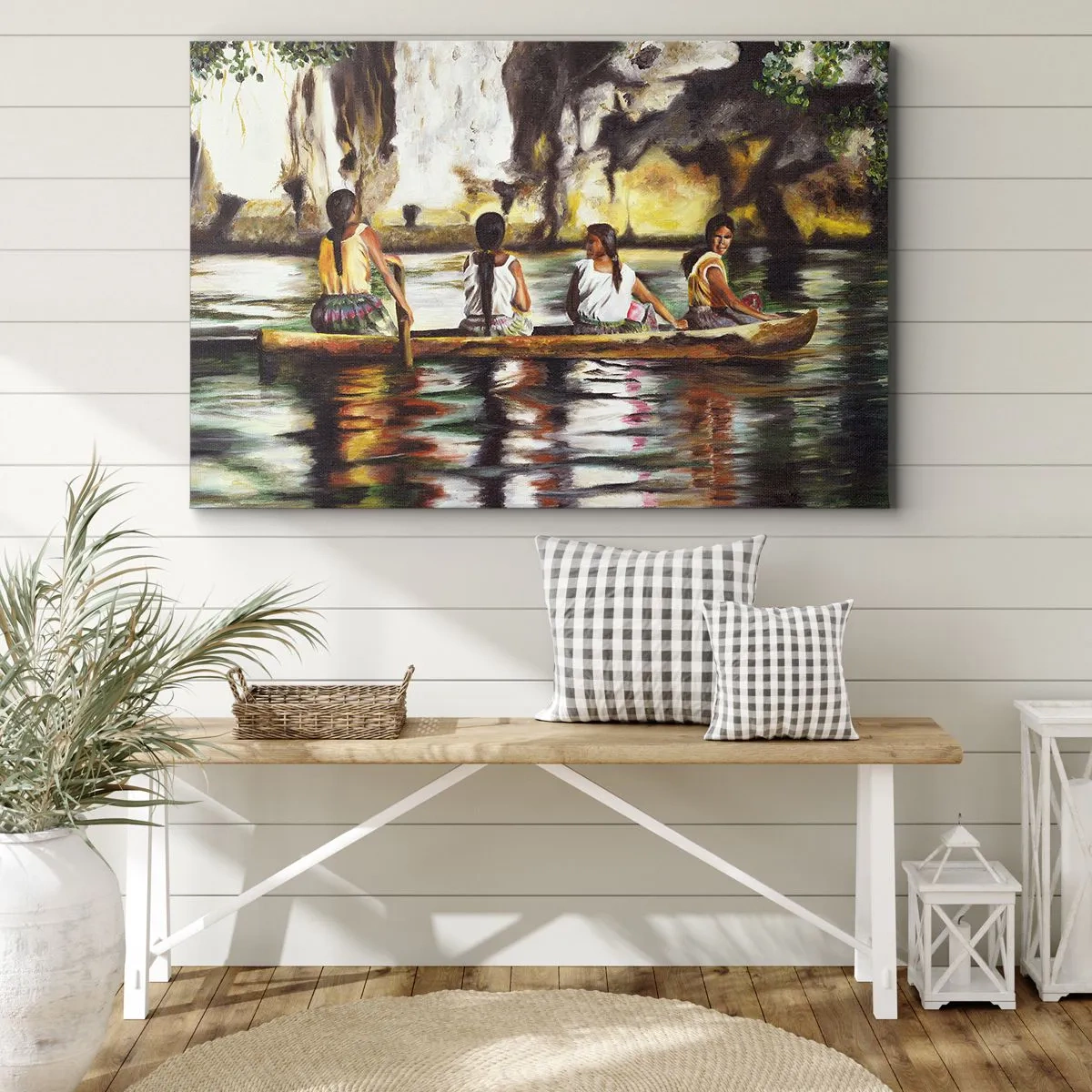 Obraz na plátně - Ženy v lodi na klidné řece s malebným pozadím - 70x50cm - V polynéském ráji - Moderní nástěnná dekorace do obývacího pokoje a ložnice ARTTOR