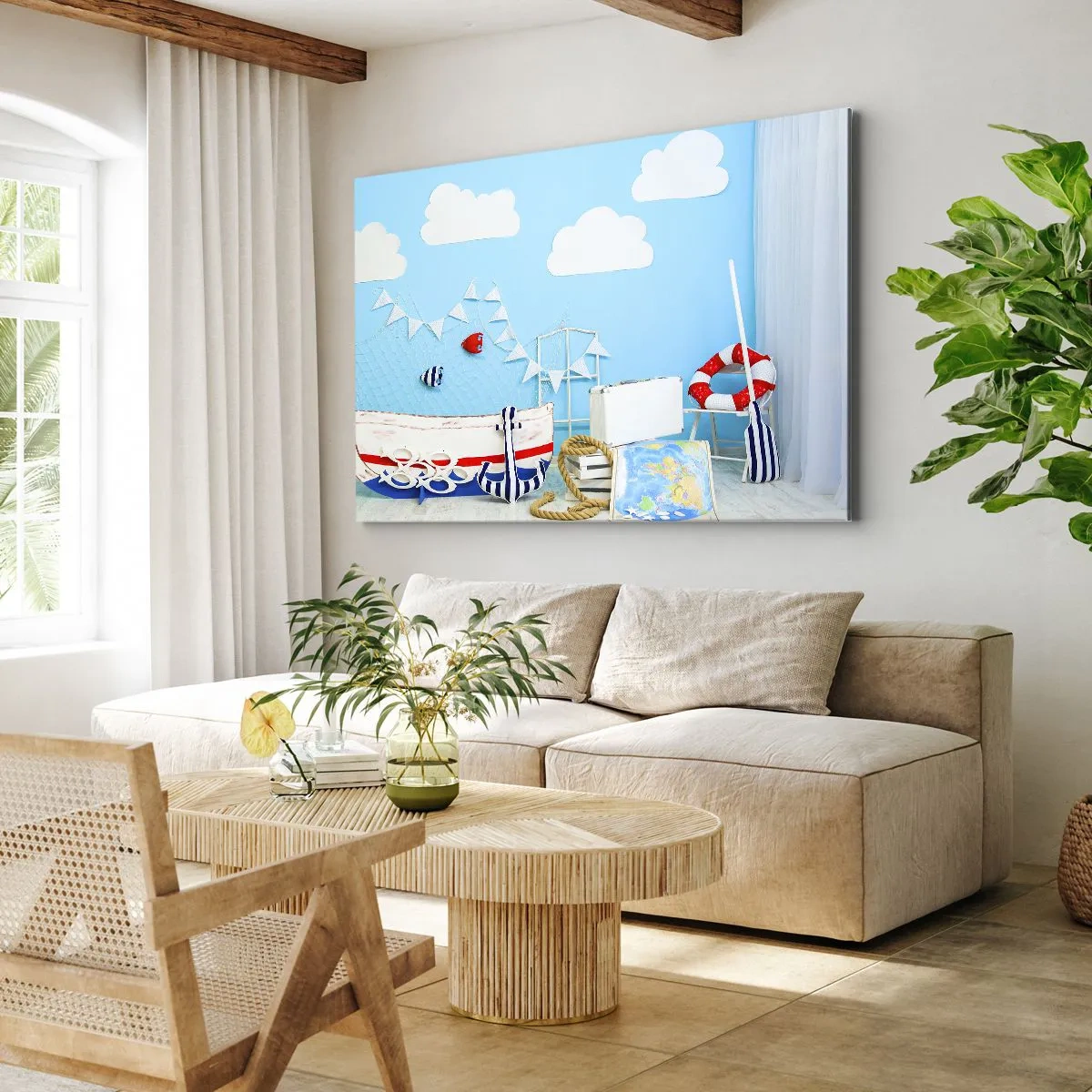 Obraz na plátně - Námořní dekorace s lodí a doplňky na modrém pozadí - 70x50cm - Dětský stesk za dobrodružstvím - Moderní nástěnná dekorace do obývacího pokoje a ložnice ARTTOR