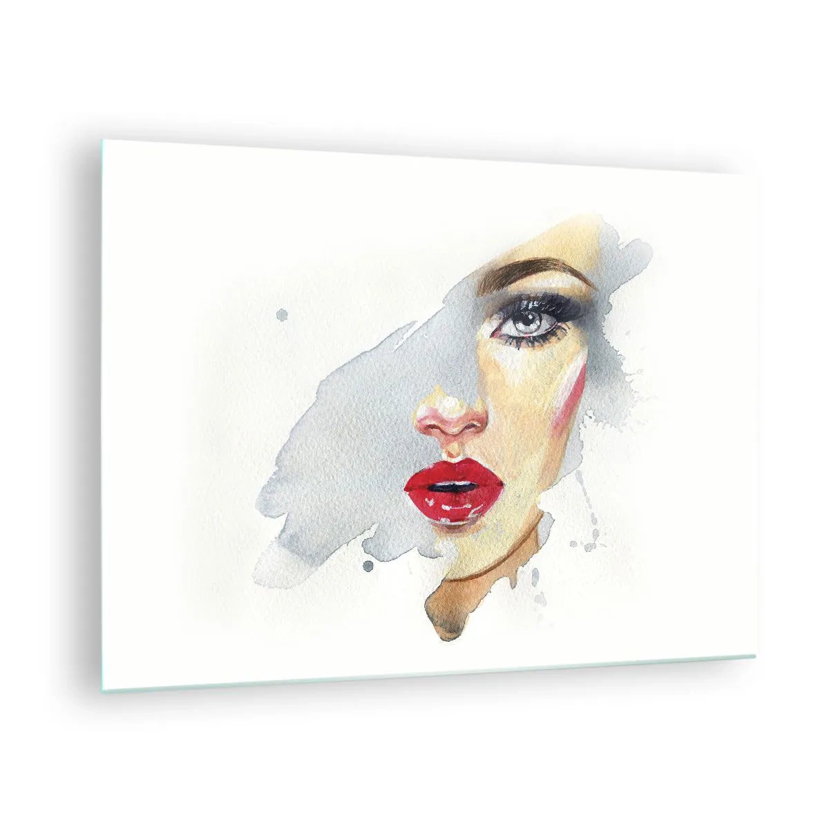 Obraz na skle - Akvarelový portrét ženy s červenými rty - 70x50cm - Odraz v kapce vody - Moderní nástěnná dekorace do obývacího pokoje a ložnice ARTTOR
