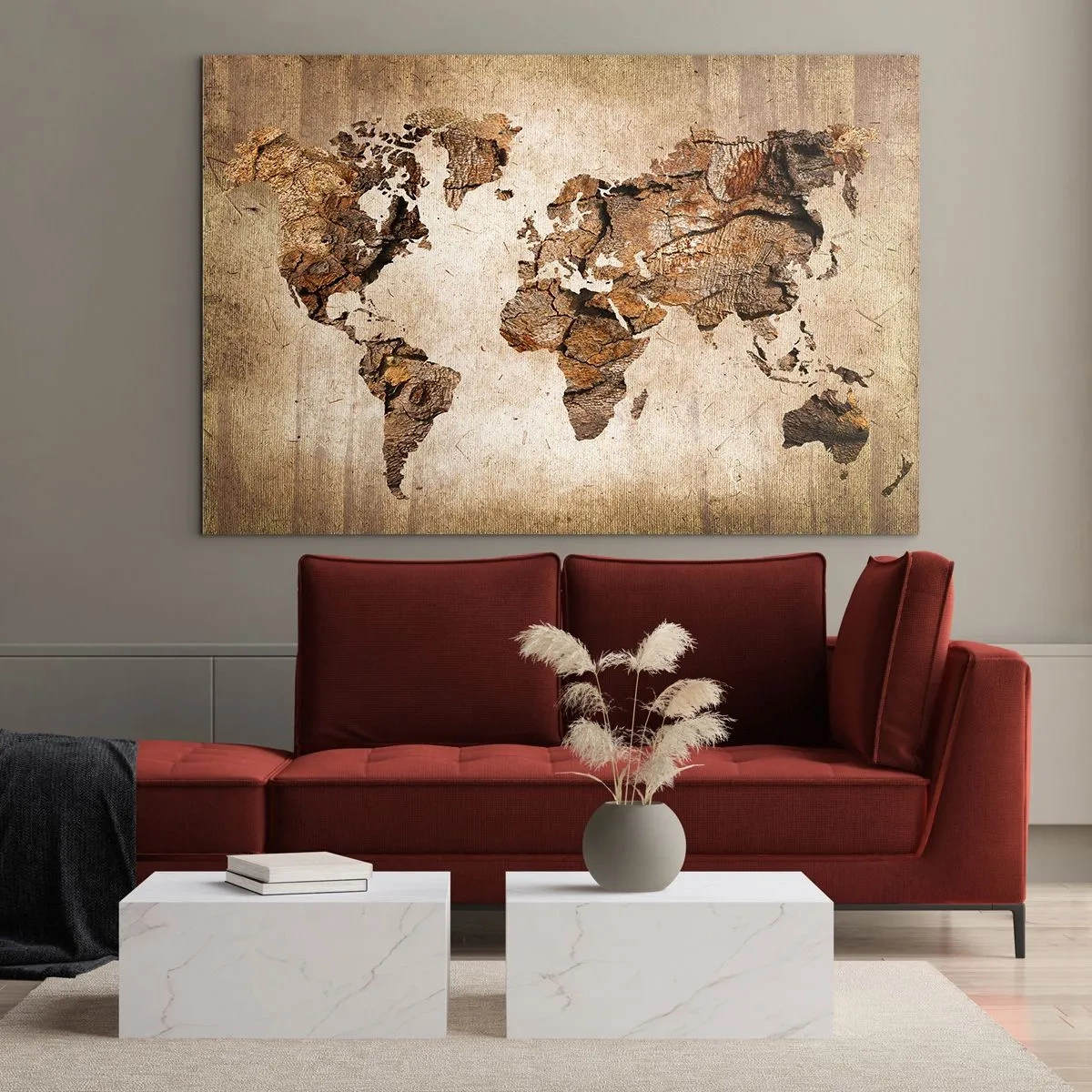 Obraz na skle - Mapa světa v hnědých odstínech imitujících dřevo - 70x50cm - Objev světa - Moderní nástěnná dekorace do obývacího pokoje a ložnice ARTTOR