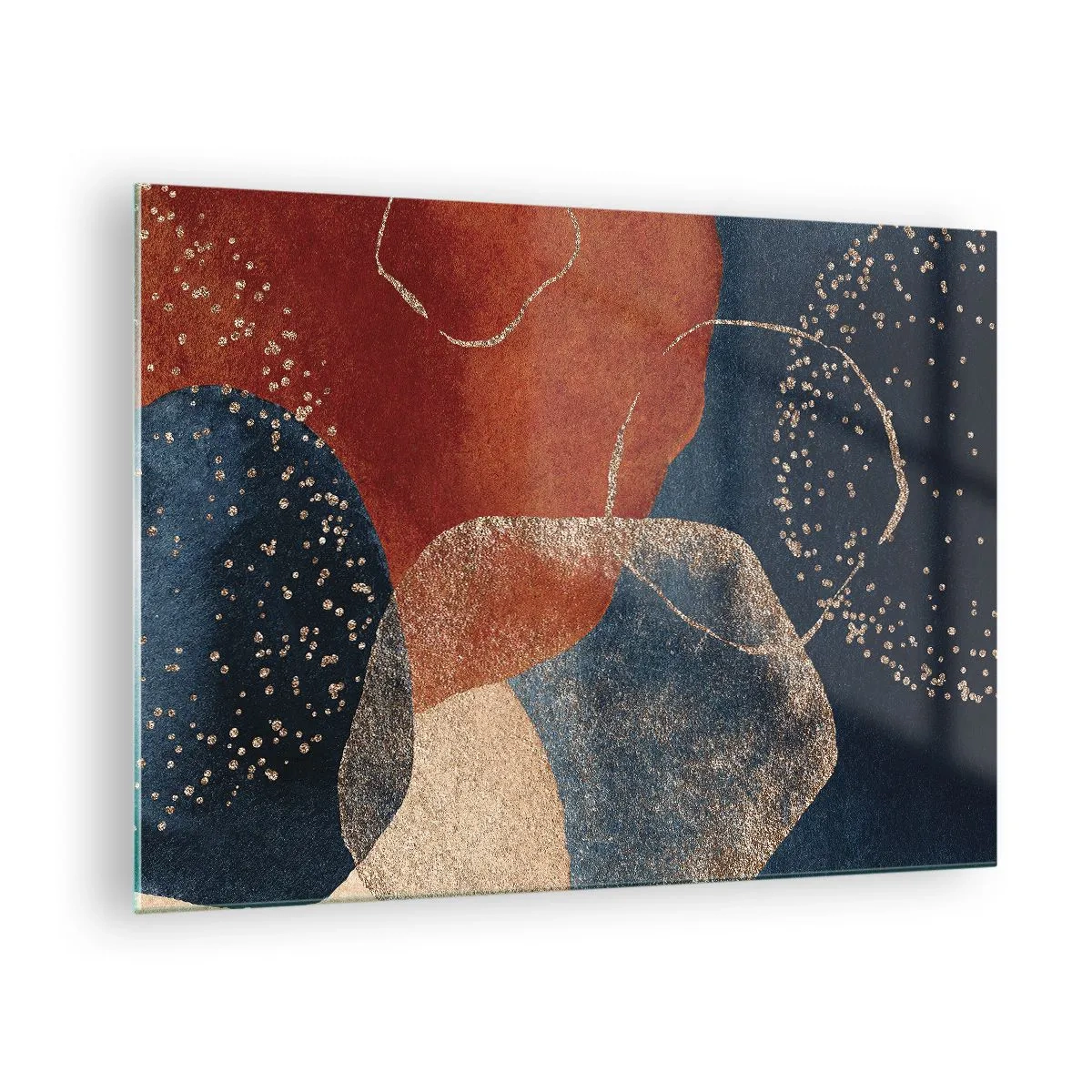 Obraz na skle - Abstraktní tvary v odstínech tmavě modré a mědi - 70x50cm - Lehkost bytí - Moderní nástěnná dekorace do obývacího pokoje a ložnice ARTTOR