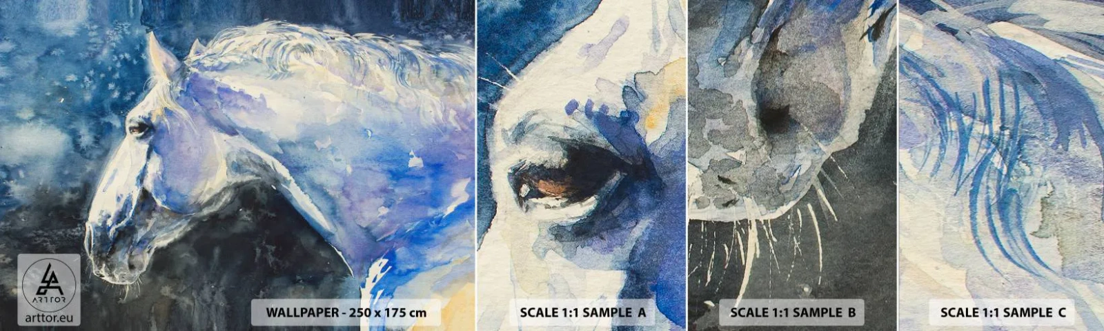 Vzor Fototapety Samolepicí Deluxe Sticker - Portrét v modré záři - Kůň, Malování, Zvířata - 100x30 cm