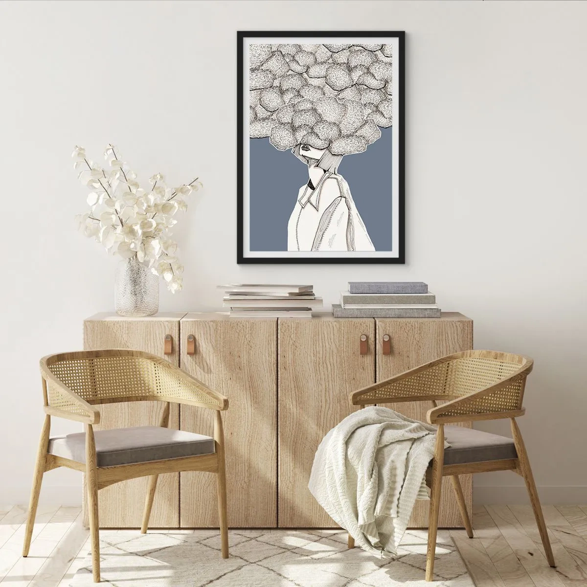 Plakát v černém rámu - Postava s mrakem místo hlavy, stylizovaná v odstínech šedé. - 50x70cm - S hlavou v oblacích - Moderní nástěnná dekorace do obývacího pokoje a ložnice ARTTOR