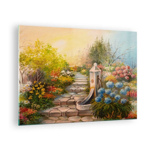 Obraz na skle - Květinová zahrada s fontánou v plném květu - 70x50cm - V plném rozkvětu - Moderní nástěnná dekorace do obývacího pokoje a ložnice ARTTOR