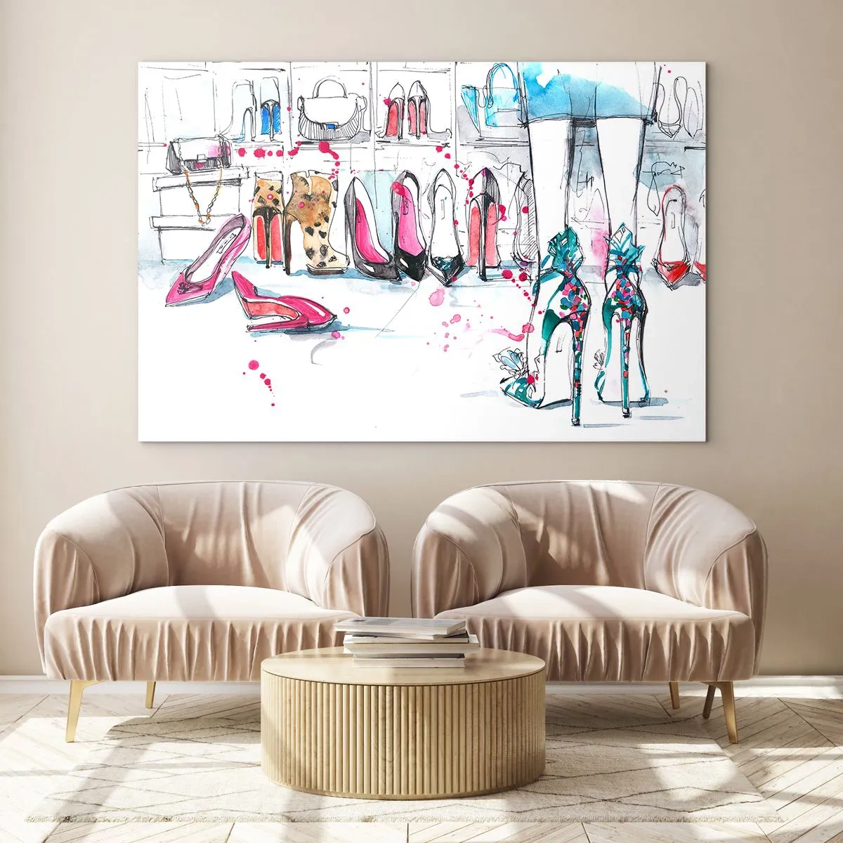 Obraz na skle - Ilustrace elegantních vysokých podpatků v obchodě - 70x50cm - Sezame, otevři se - Moderní nástěnná dekorace do obývacího pokoje a ložnice ARTTOR