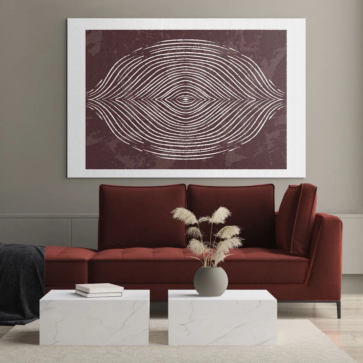 Obraz na skle - Symetrické čáry ve tvaru oka na vínovém pozadí - 70x50cm - Prostor promlouvá - Moderní nástěnná dekorace do obývacího pokoje a ložnice ARTTOR