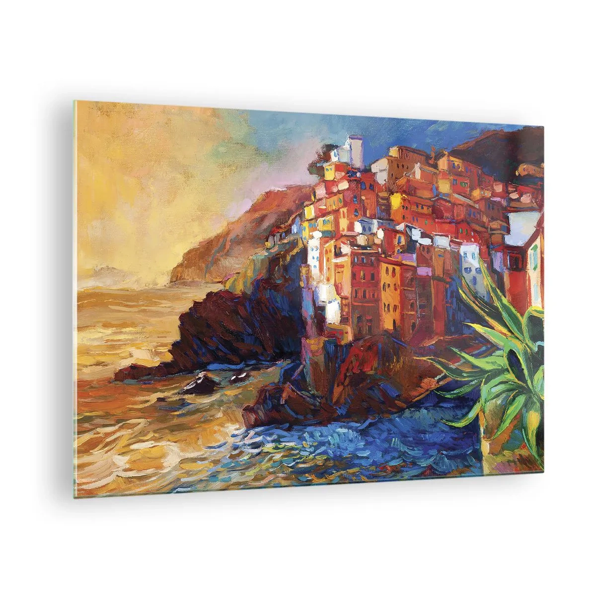Obraz na skle - Barevné městečko na útesu s výhledem na moře - 70x50cm - Italský nádech - Moderní nástěnná dekorace do obývacího pokoje a ložnice ARTTOR