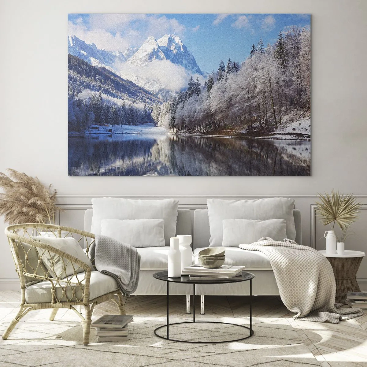 Obraz na skle - Zimní krajina s horami a zamrzlým jezerem - 70x50cm - Sněhová stráž - Moderní nástěnná dekorace do obývacího pokoje a ložnice ARTTOR