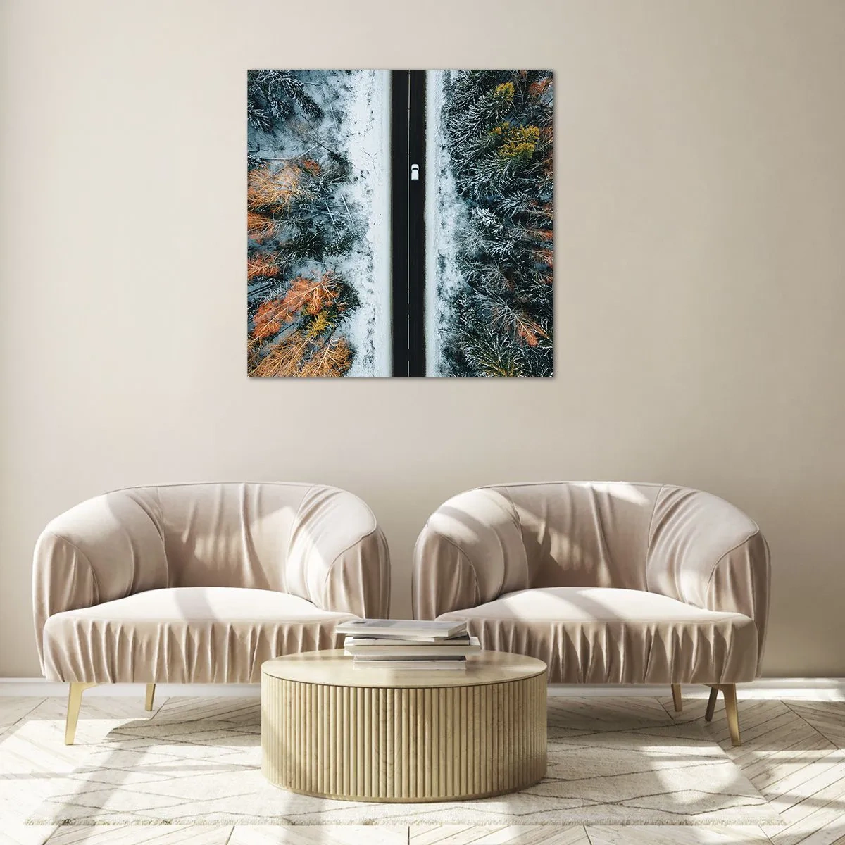 Obraz na skle - Přes zimní les - 70x70 cm