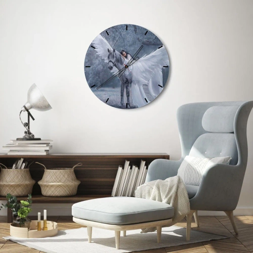 Nástěnné hodiny - Žena u bílého koně s roztaženými křídly - 30x30cm - Nadšený okamžik - Moderní nástěnná dekorace do obývacího pokoje, kuchyně a ložnice ARTTOR
