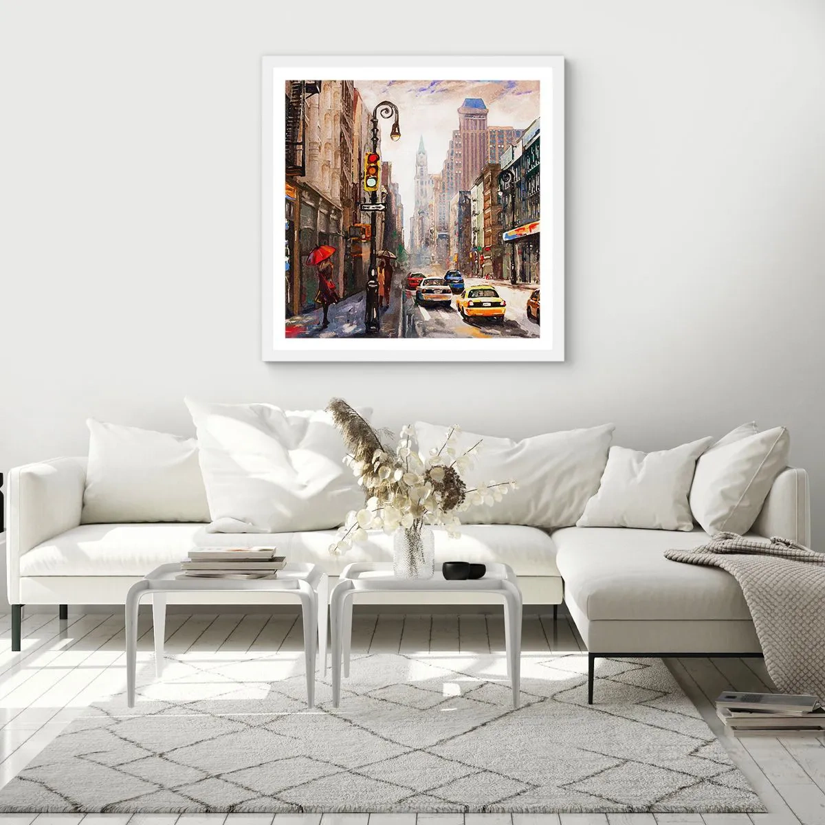Plakát v bílém rámu - New York – barevný i v dešti - 60x60 cm