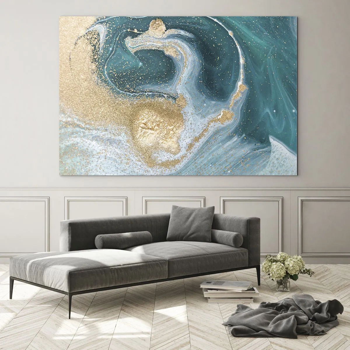 Obraz na skle - Zlato na tyrkysových vlnách v abstraktním stylu - 70x50cm - Vír zlaté a tyrkysové - Moderní nástěnná dekorace do obývacího pokoje a ložnice ARTTOR