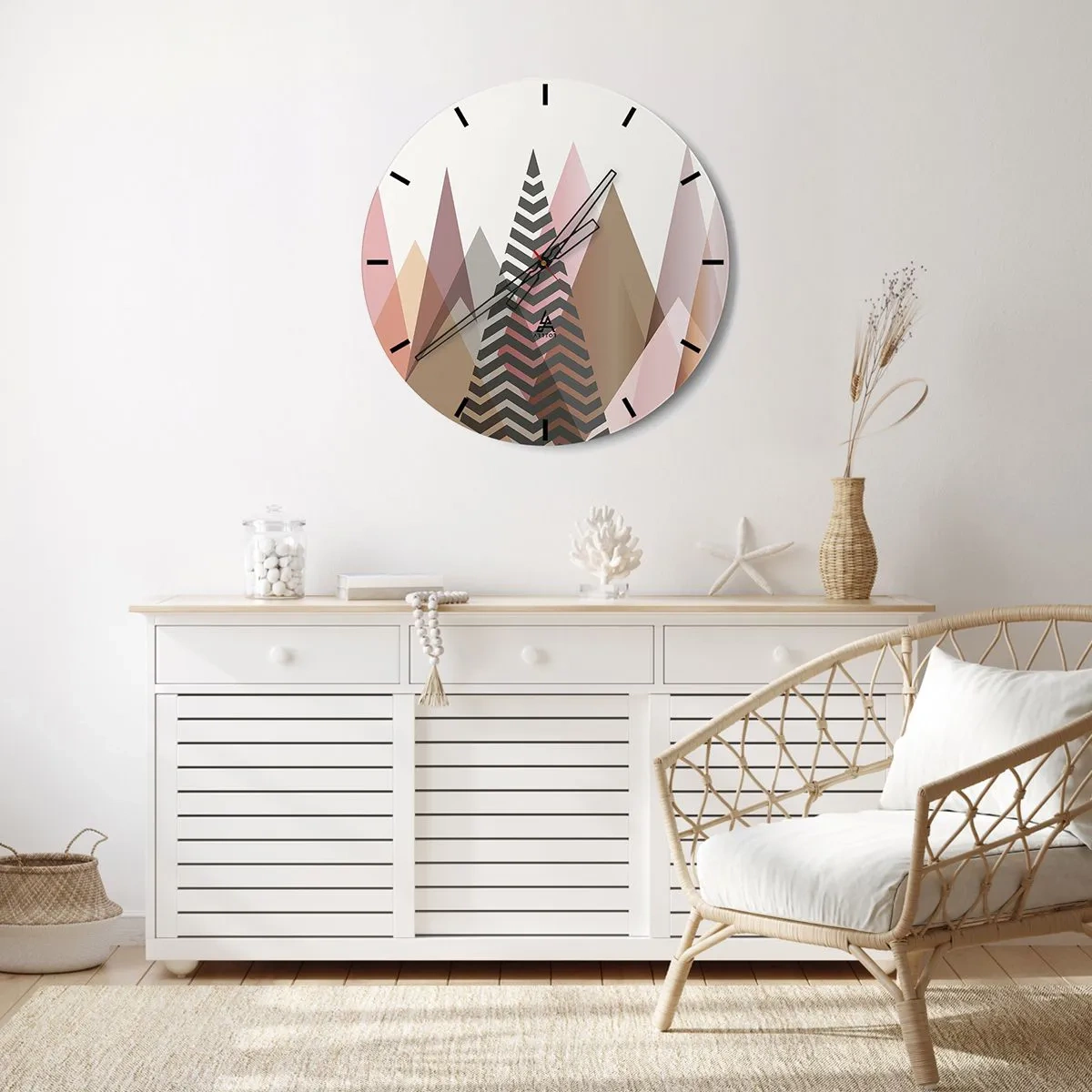 Nástěnné hodiny - Geometrické hory a stromy v pastelových odstínech - 30x30cm - Pyramidální pohled - Moderní nástěnná dekorace do obývacího pokoje, kuchyně a ložnice ARTTOR