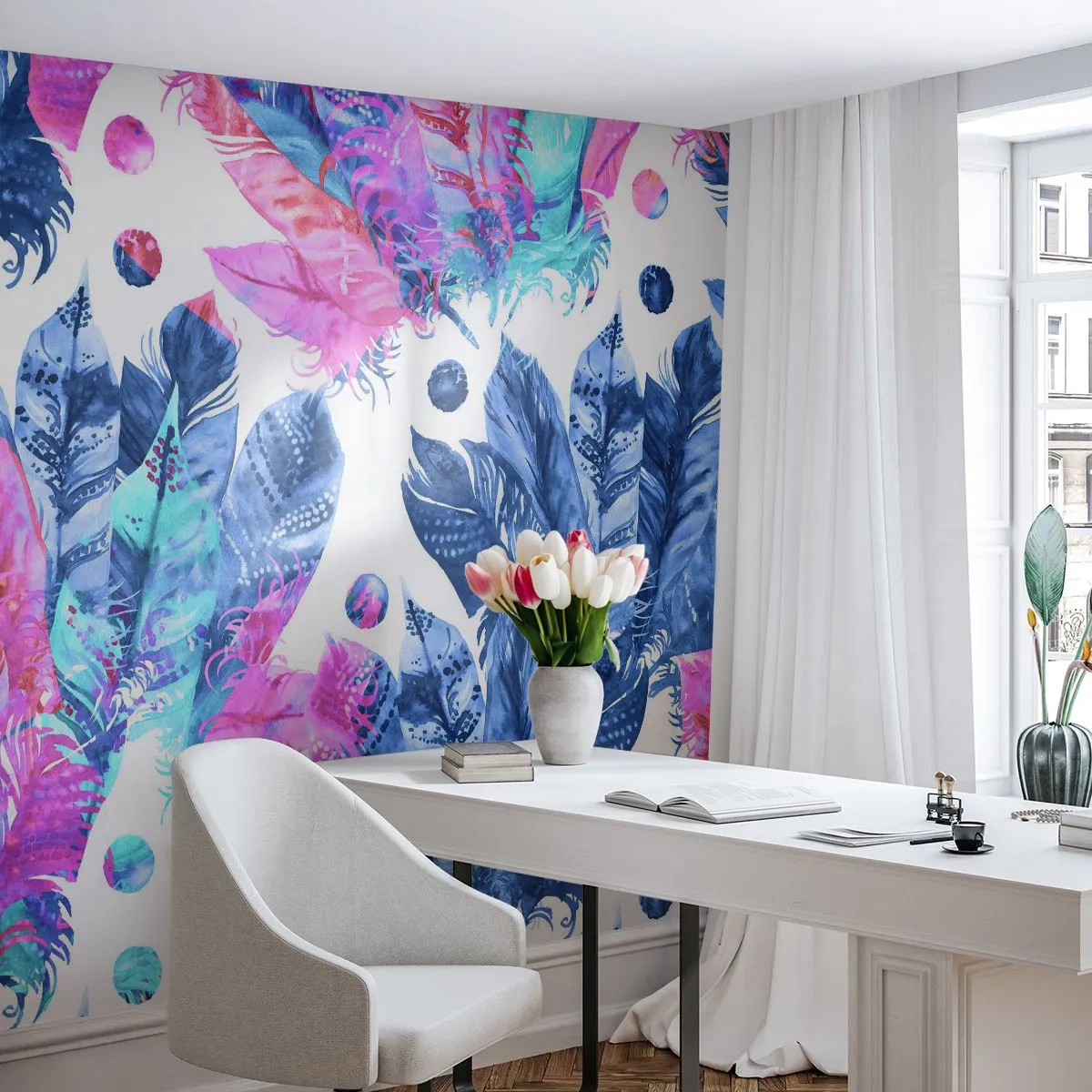 Fototapeta Premium Canvas - Chocholy v růžové a blankytné - Ptačí pírko, Barevné Ilustrace, Grafika - 250x175 cm