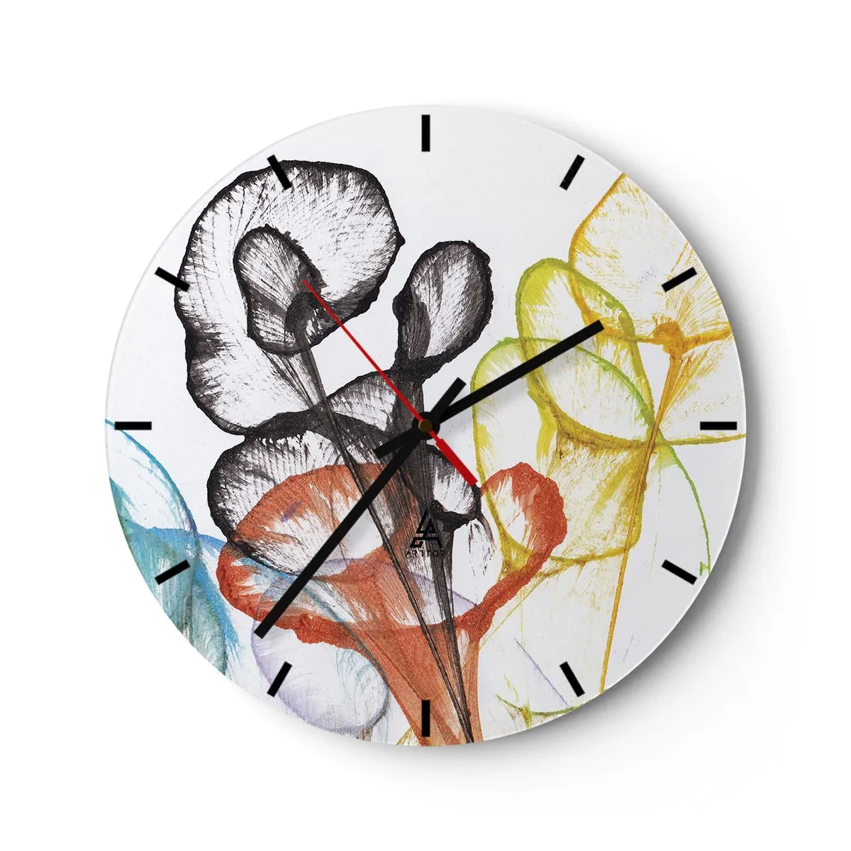 Nástěnné hodiny - Barevné, abstraktní květiny na bílém pozadí - 30x30cm - Květiny s duší - Moderní nástěnná dekorace do obývacího pokoje, kuchyně a ložnice ARTTOR