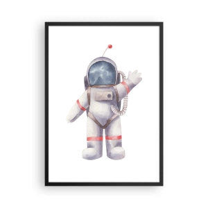 Plakát v černém rámu - Akvarelový astronaut mává ve vesmírné ilustraci - 50x70cm - Tak zatím! - Moderní nástěnná dekorace do obývacího pokoje a ložnice ARTTOR