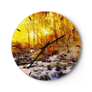 Nástěnné hodiny - Podzimní les s zurčícím potokem mezi zlatým listím - 30x30cm - Kameny zasazené do zlata a platiny - Moderní nástěnná dekorace do obývacího pokoje, kuchyně a ložnice ARTTOR