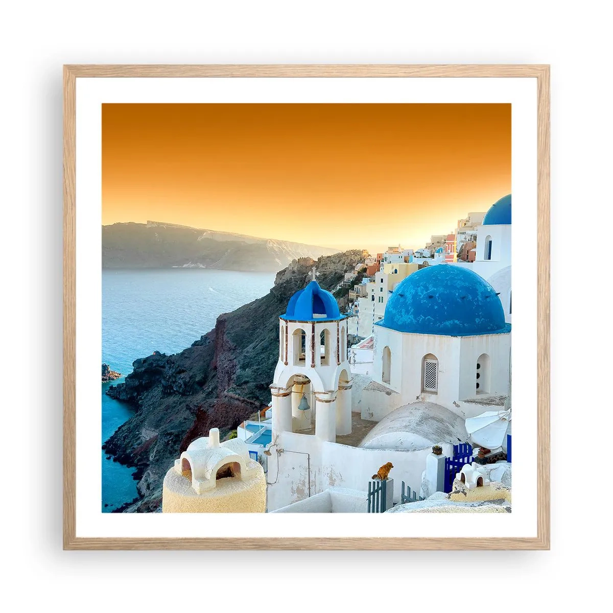 Plakát v rámu světlý dub - Santorini - přitulené ke skalám - 60x60 cm