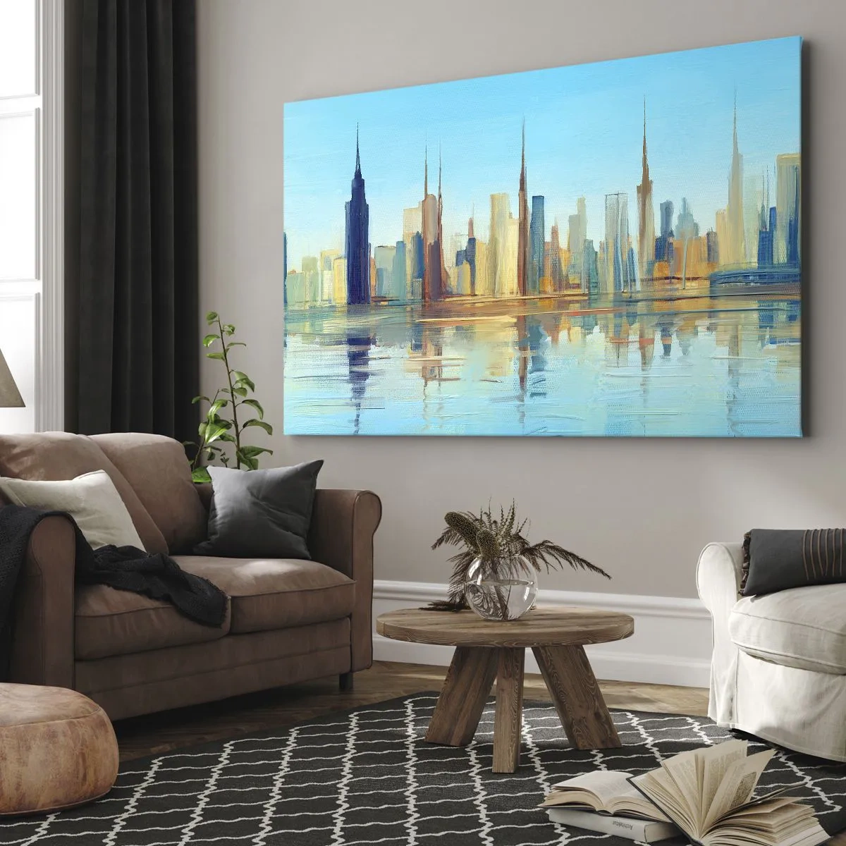 Obraz na plátně - Panorama města v teplých barvách s odrazem ve vodě - 70x50cm - Prosluněná metropole - Moderní nástěnná dekorace do obývacího pokoje a ložnice ARTTOR