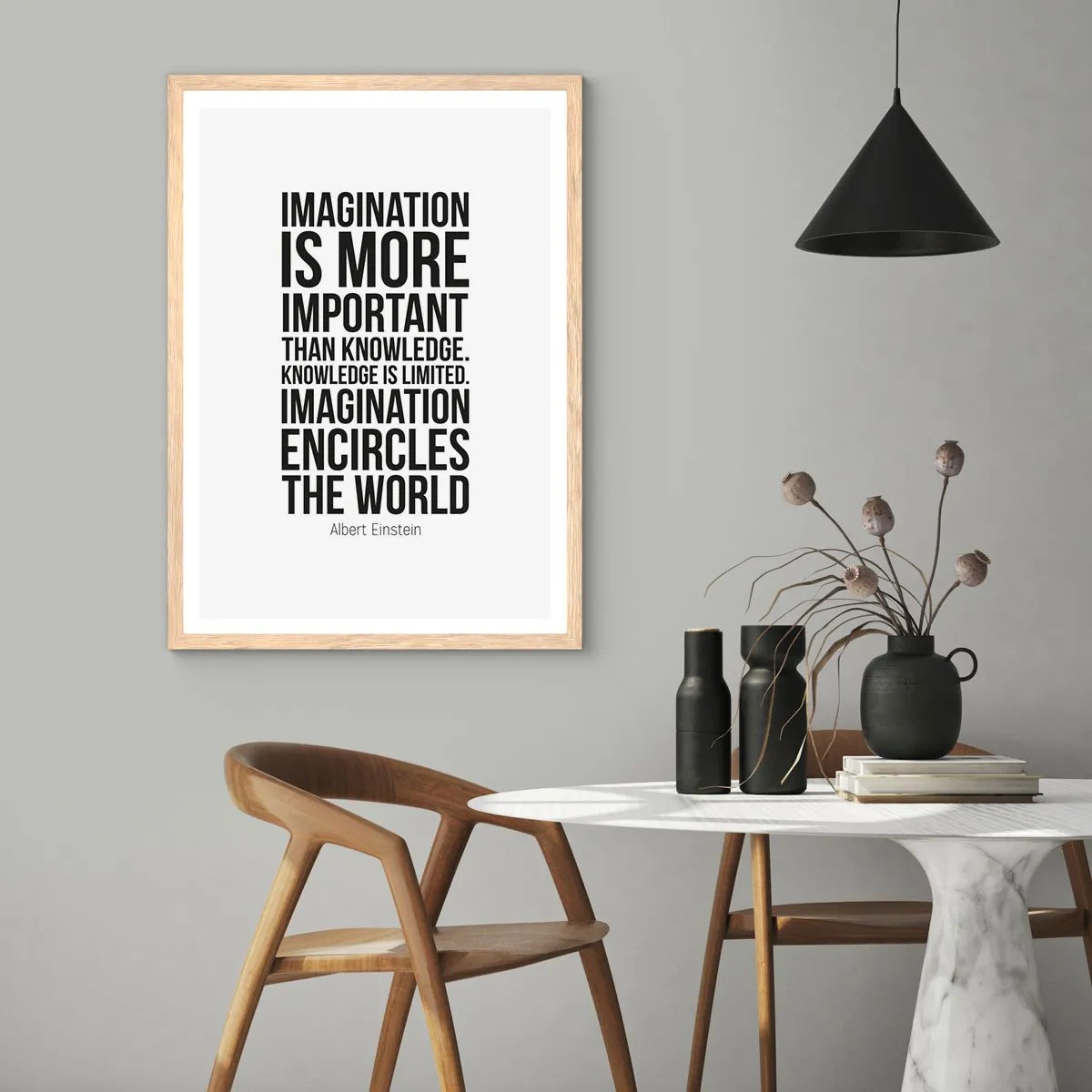 Plakát v rámu světlý dub - Einstein o síle představivosti - 61x91 cm