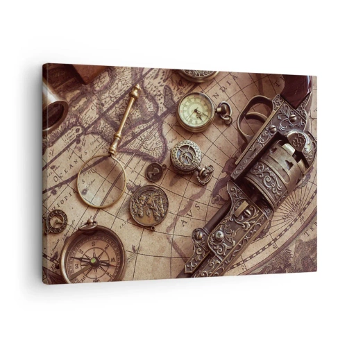 Obraz na plátně - Starožitné předměty na staré mapě v retro stylu - 70x50cm - Dobrodružství volá - Moderní nástěnná dekorace do obývacího pokoje a ložnice ARTTOR