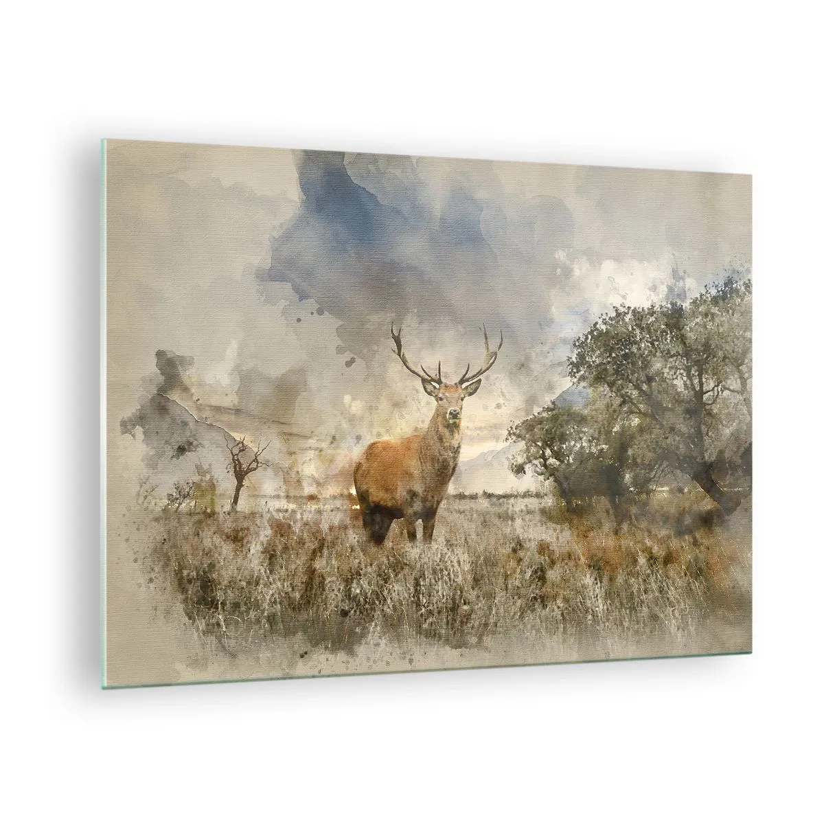 Obraz na skle - Jelen v přírodní krajině s jemnými barvami v pozadí - 70x50cm - Důstojnost - síla - majestátnost - Moderní nástěnná dekorace do obývacího pokoje a ložnice ARTTOR