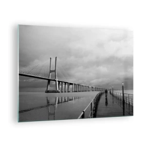Obraz na skle - Most v monochromatické krajině s cyklistou - 70x50cm - Každému, co mu patří - Moderní nástěnná dekorace do obývacího pokoje a ložnice ARTTOR