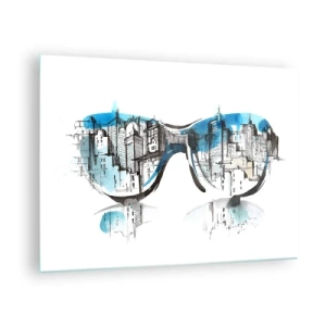 Obraz na skle - Panorama města se odráží ve slunečních brýlích - 70x50cm - Velkoměstská elegance - Moderní nástěnná dekorace do obývacího pokoje a ložnice ARTTOR