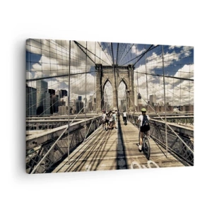 Obraz na plátně - Brooklynský most s výhledem na chodce a cyklisty - 70x50cm - Přímo do srdce města - Moderní nástěnná dekorace do obývacího pokoje a ložnice ARTTOR