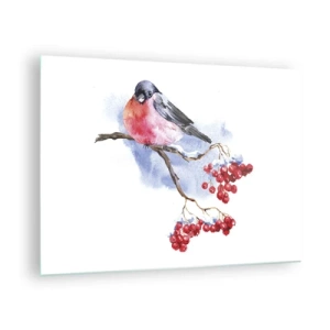Obraz na skle - Pták na větvi jeřábu - 70x50cm - Barevná zima - Moderní nástěnná dekorace do obývacího pokoje a ložnice ARTTOR