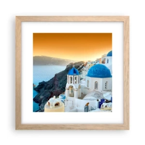 Plakát v rámu světlý dub - Santorini - přitulené ke skalám - 30x30 cm
