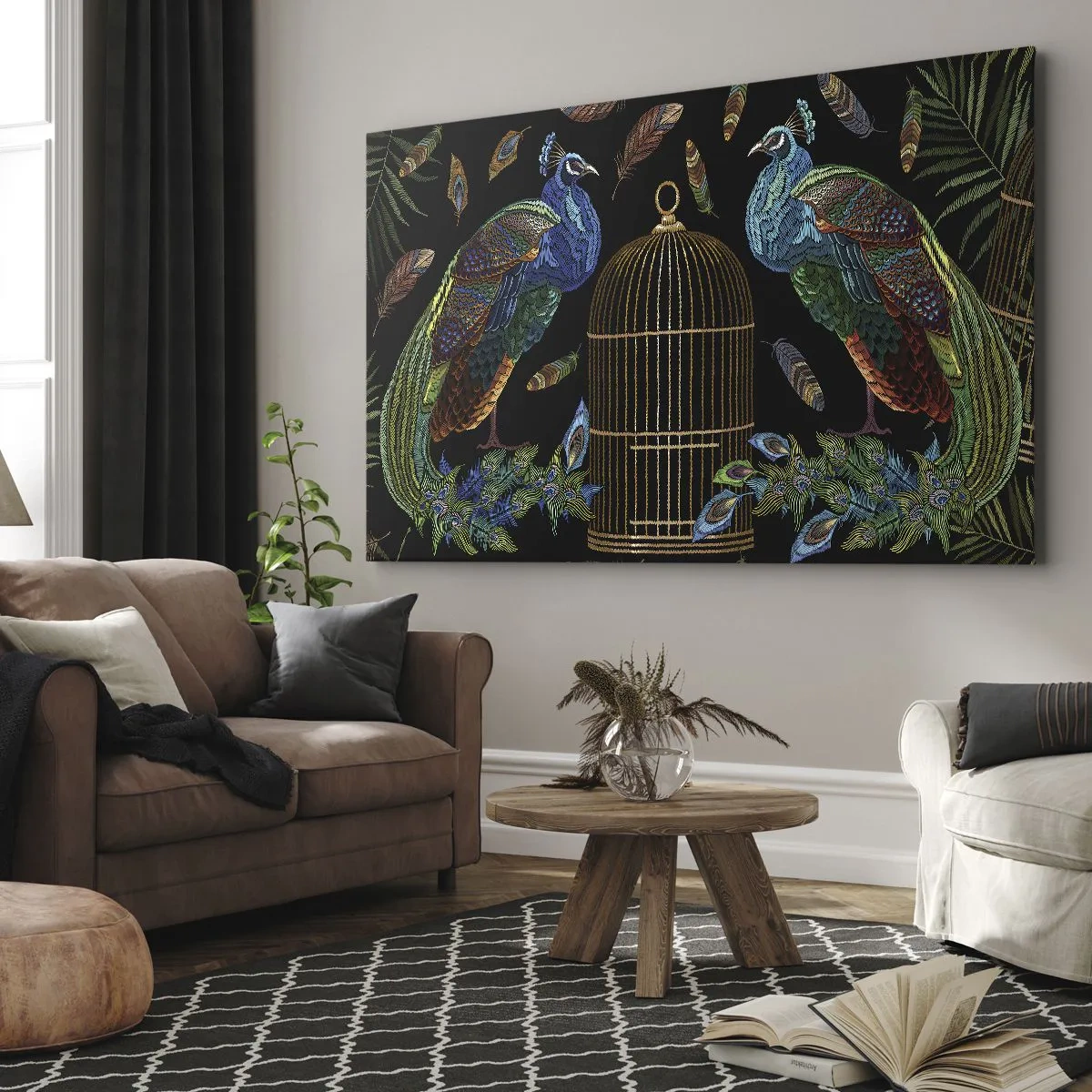 Obraz na plátně - Pávi vedle zlaté klece na černém pozadí - 70x50cm - V královském rouchu - Moderní nástěnná dekorace do obývacího pokoje a ložnice ARTTOR